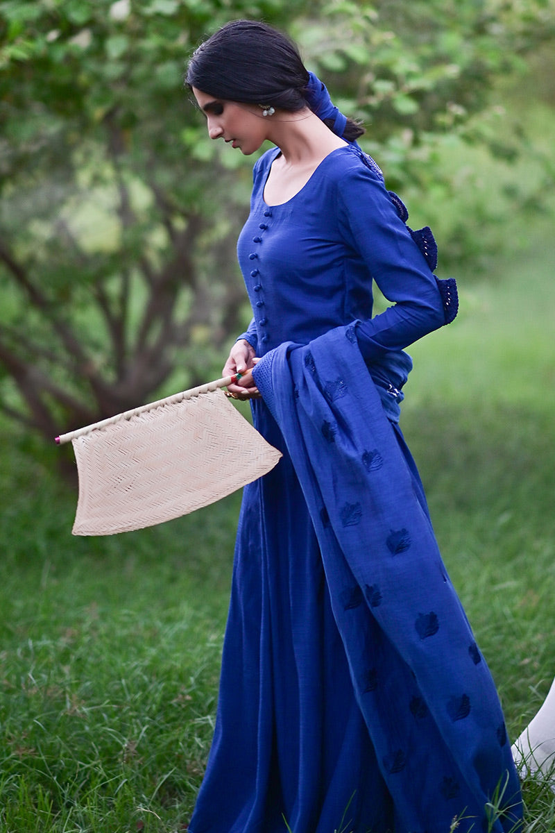 Electric Blue Embroidered Raw Silk Pishwas (3-Piece) - Image 4