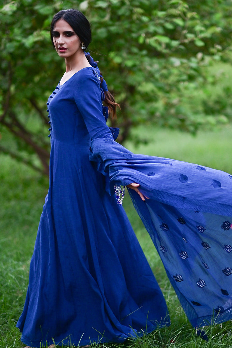 Electric Blue Embroidered Raw Silk Pishwas (3-Piece) - Image 5