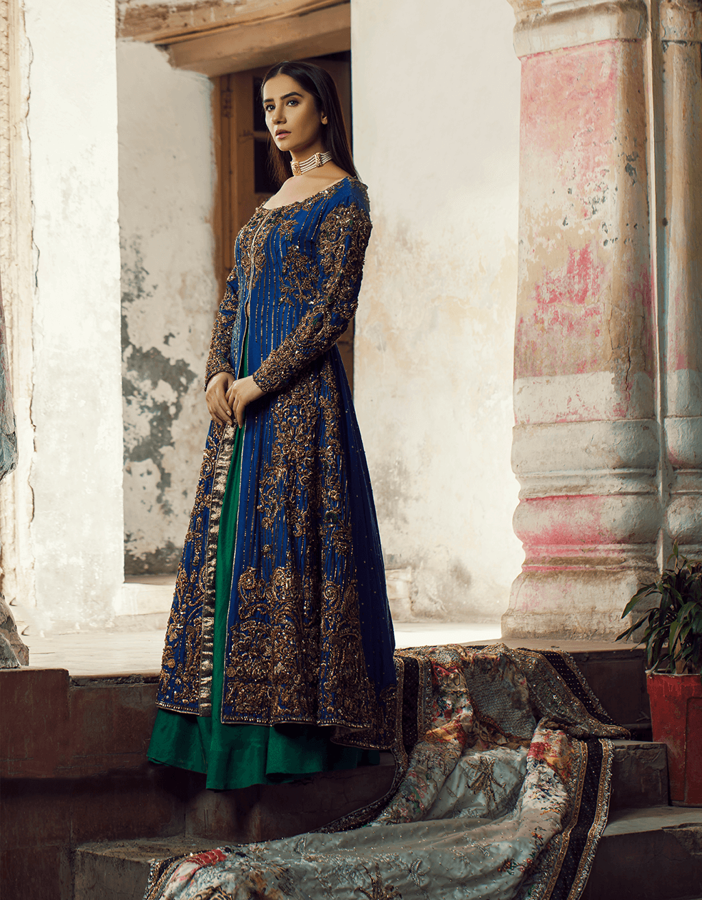 Pakistani Electric Blue Zardozi Raw Silk Pishwas (2-Piece) - Image 1