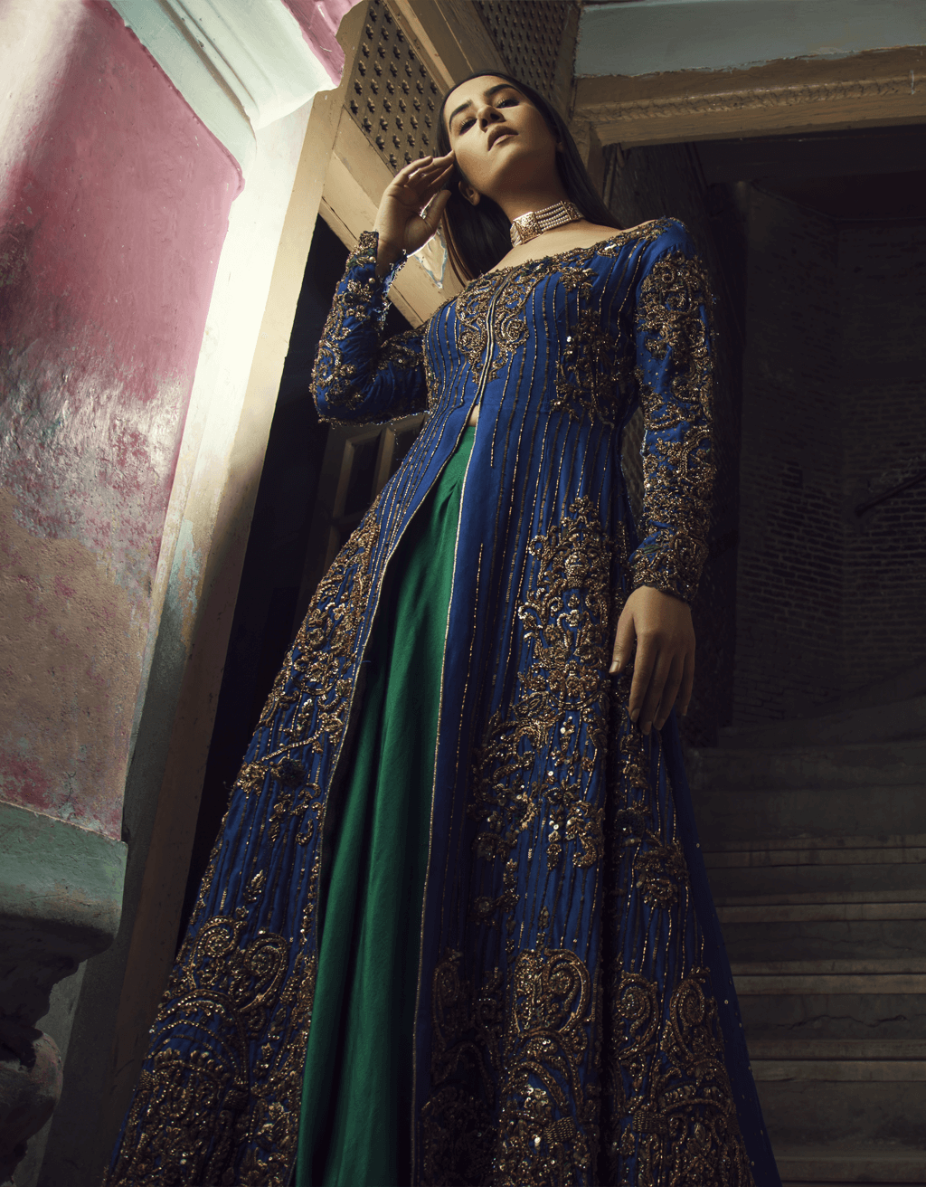Pakistani Electric Blue Zardozi Raw Silk Pishwas (2-Piece) - Image 4