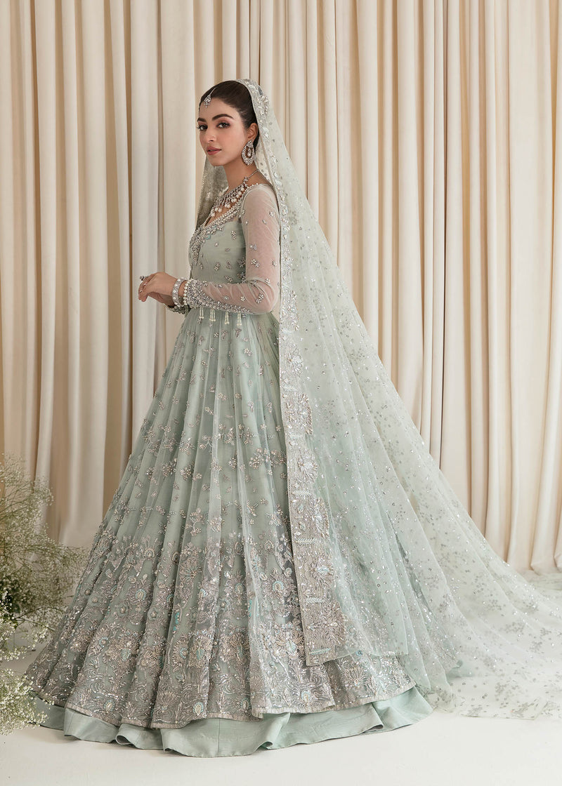 Aqua Embroidered Net & Rawsilk Pishwas Dress (3-Piece) - Image 1