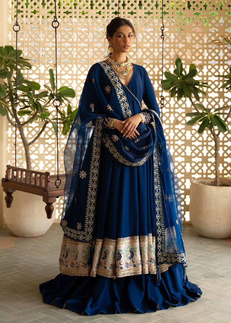 Royal Blue Embroidered Korean Rawsilk Pishwas (3-Piece) - Image 1