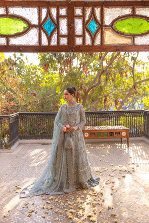Pakistani Aquamarine Embroidered Sheer Net Pishwas (3-Piece) - Image 1