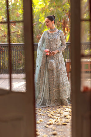 Pakistani Aquamarine Embroidered Sheer Net Pishwas (3-Piece) - Image 3