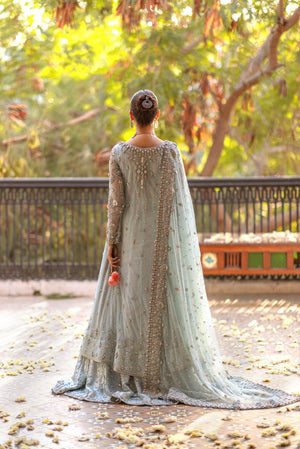 Pakistani Aquamarine Embroidered Sheer Net Pishwas (3-Piece) - Image 4