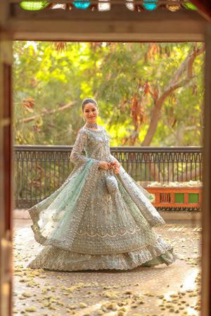 Pakistani Aquamarine Embroidered Sheer Net Pishwas (3-Piece) - Image 6