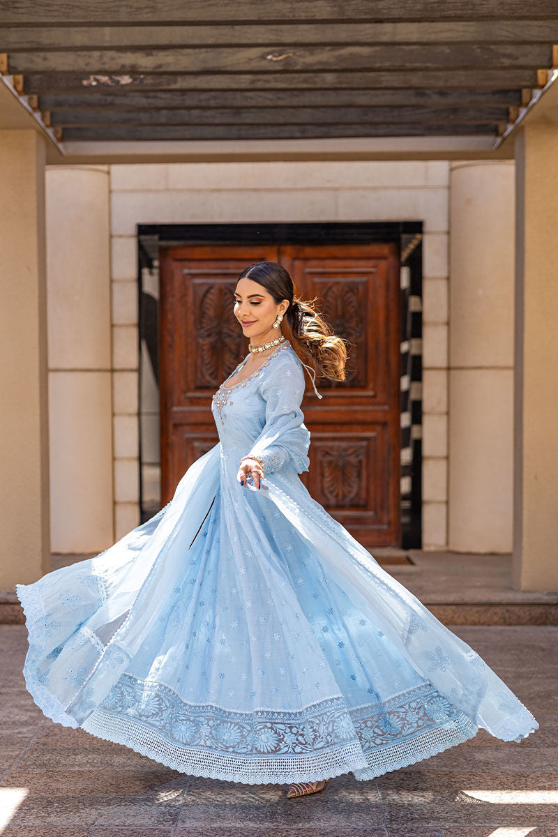 Pakistani Ice Blue Hand-Embellished Silk Pishwas (3-Piece) - Image 1