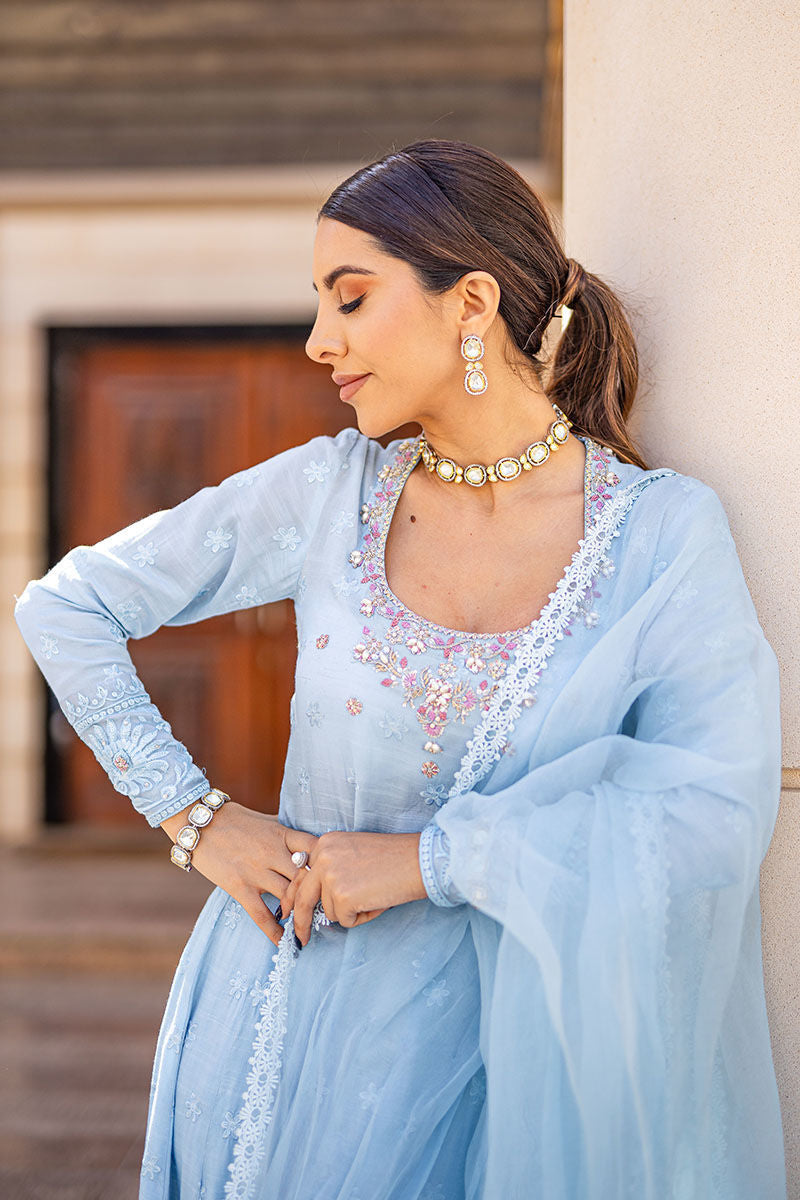 Pakistani Ice Blue Hand-Embellished Silk Pishwas (3-Piece) - Image 3