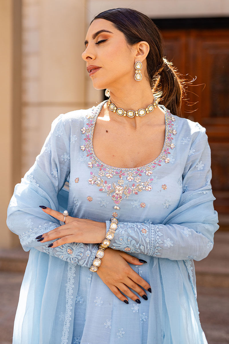 Pakistani Ice Blue Hand-Embellished Silk Pishwas (3-Piece) - Image 4