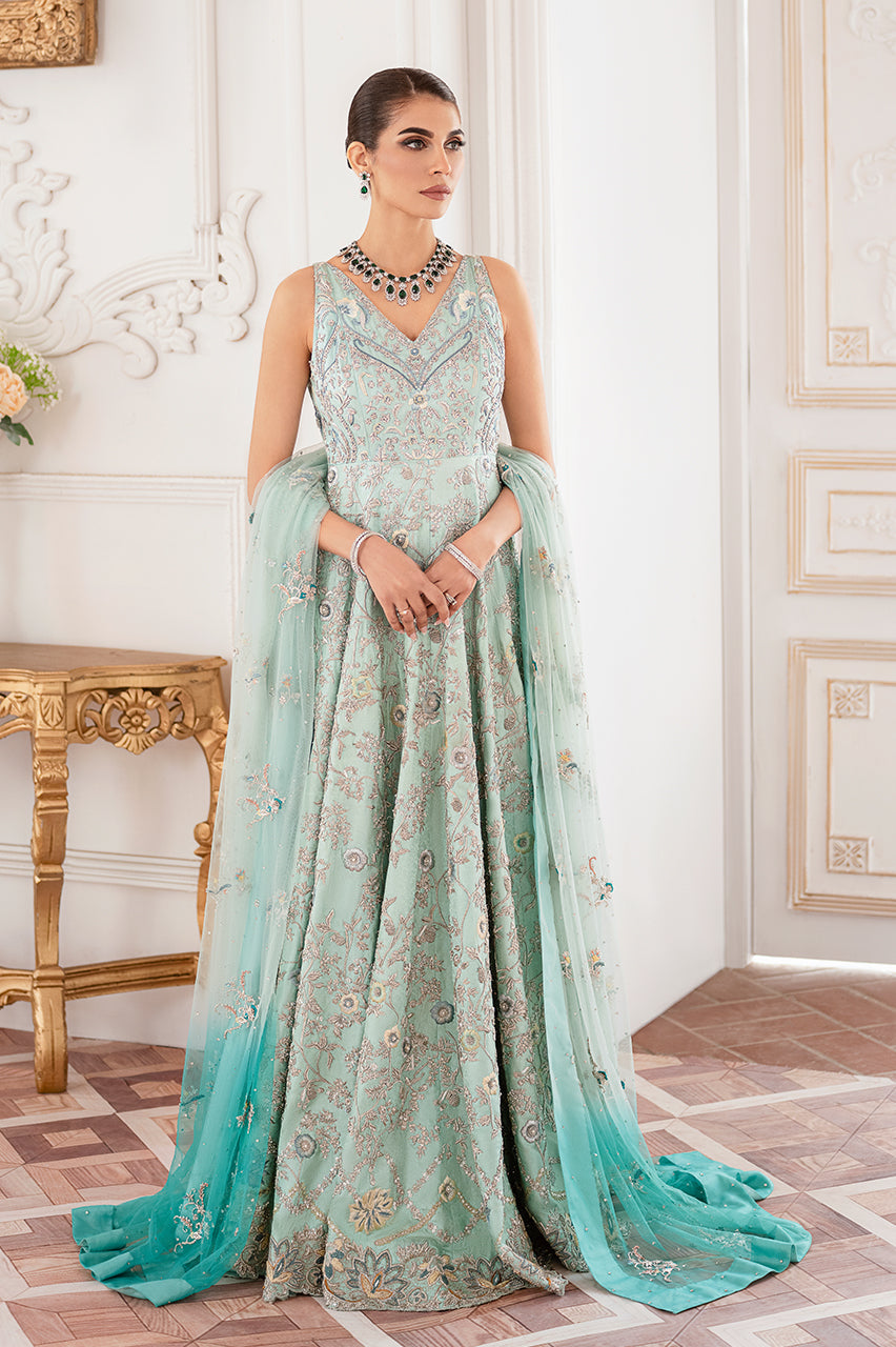 Ice Blue Hand Embroidered Silk Jamawar Pishwas (2-Piece) - Image 1