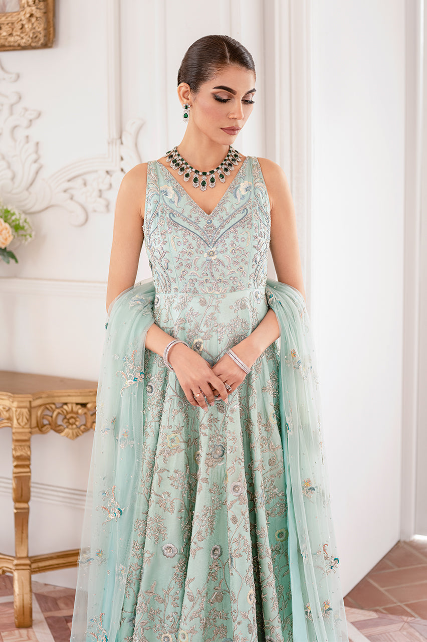 Ice Blue Hand Embroidered Silk Jamawar Pishwas (2-Piece) - Image 2