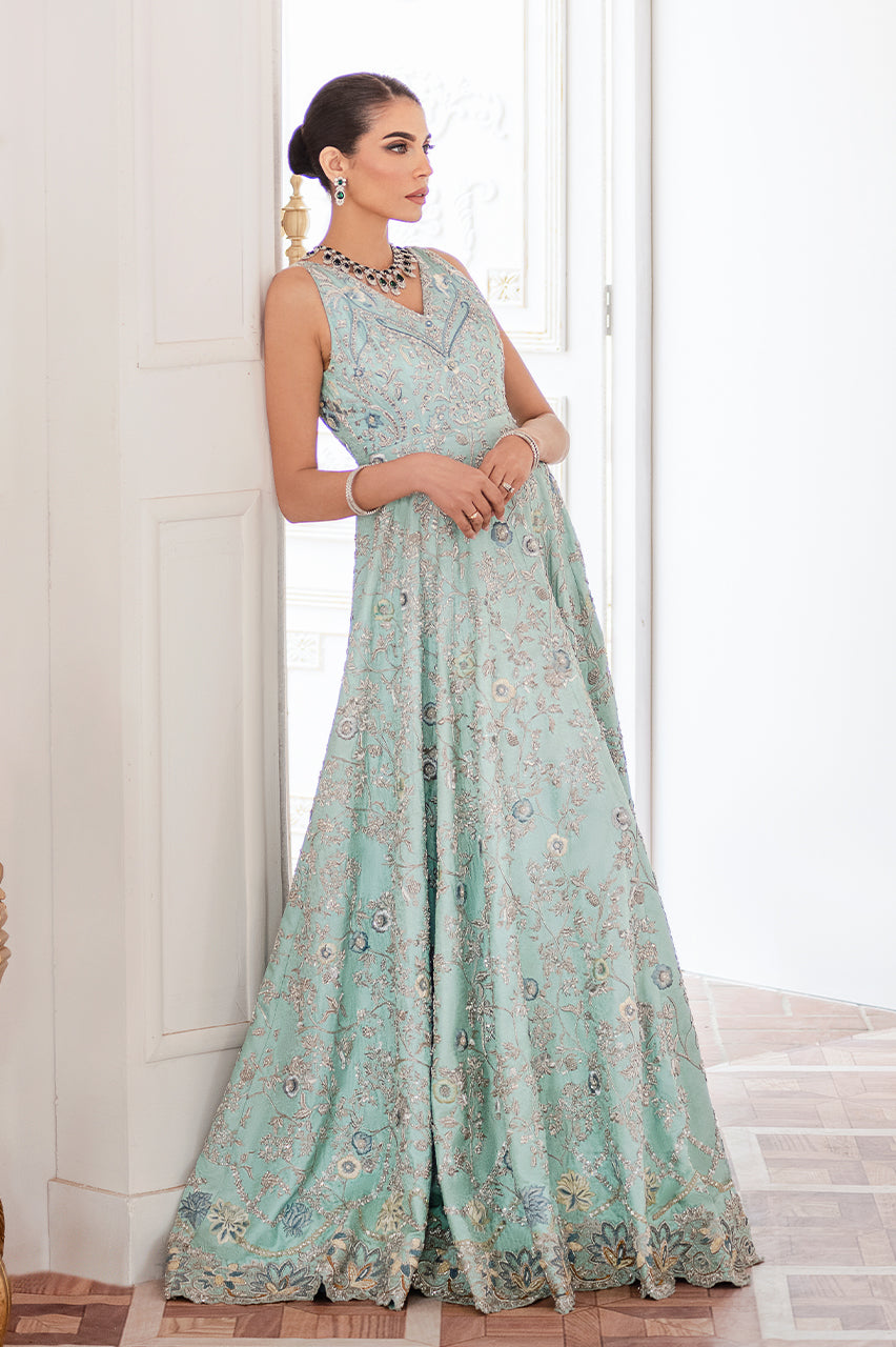 Ice Blue Hand Embroidered Silk Jamawar Pishwas (2-Piece) - Image 3