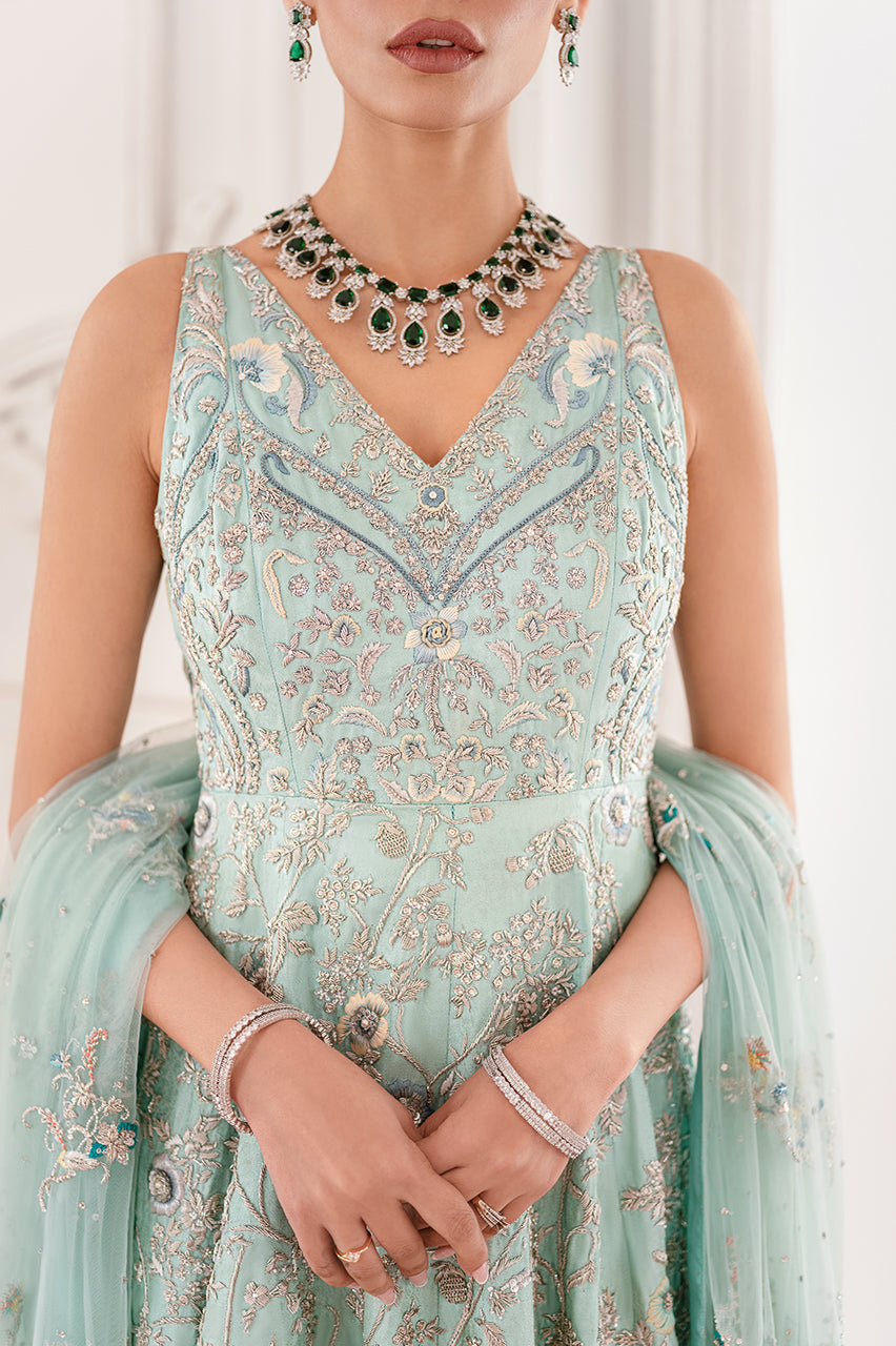 Ice Blue Hand Embroidered Silk Jamawar Pishwas (2-Piece) - Image 5