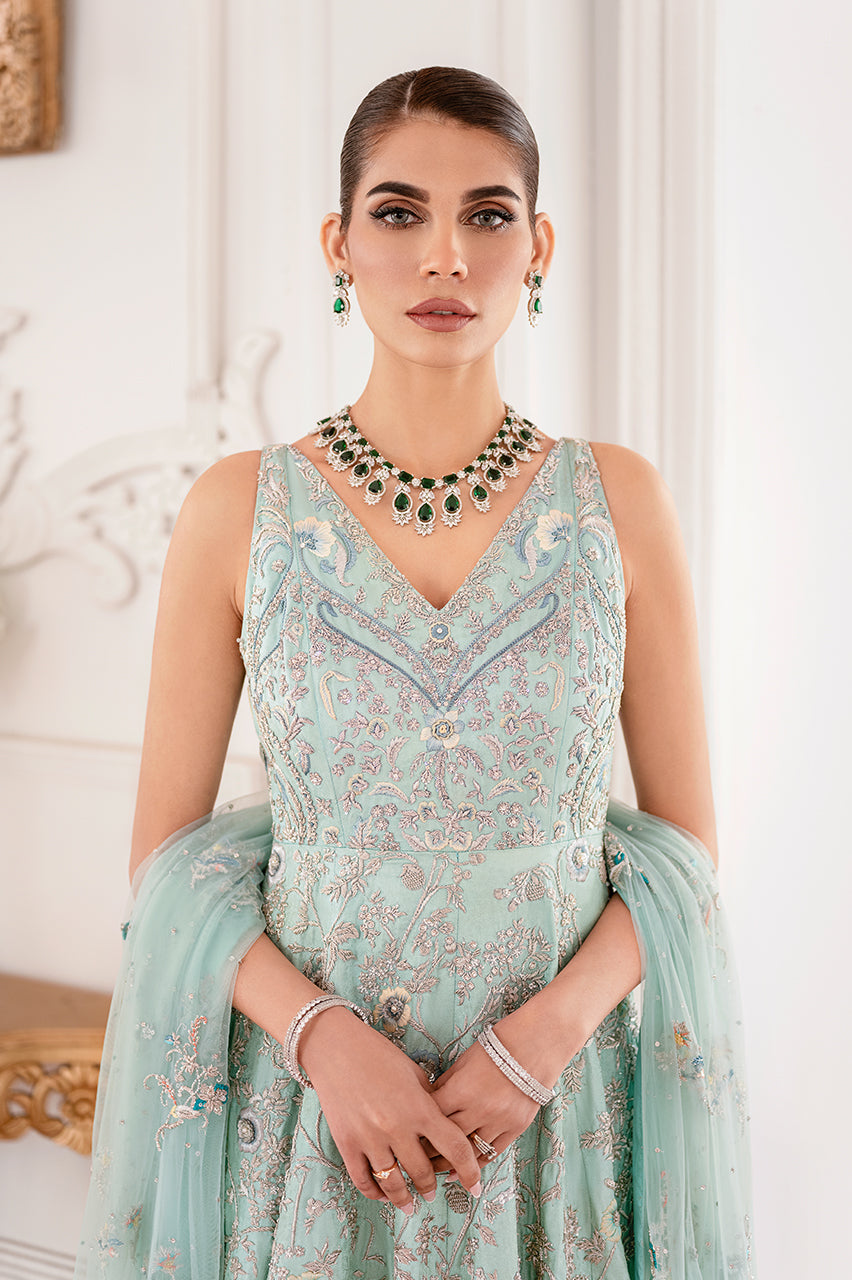 Ice Blue Hand Embroidered Silk Jamawar Pishwas (2-Piece) - Image 6