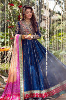Pakistani Deep Blue Embroidered Silk Net Kalidar Pishwas (3-Piece) - Image 2