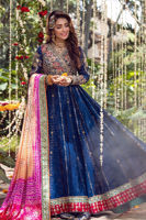 Pakistani Deep Blue Embroidered Silk Net Kalidar Pishwas (3-Piece) - Image 4