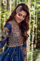 Pakistani Deep Blue Embroidered Silk Net Kalidar Pishwas (3-Piece) - Image 5