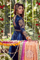 Pakistani Deep Blue Embroidered Silk Net Kalidar Pishwas (3-Piece) - Image 6