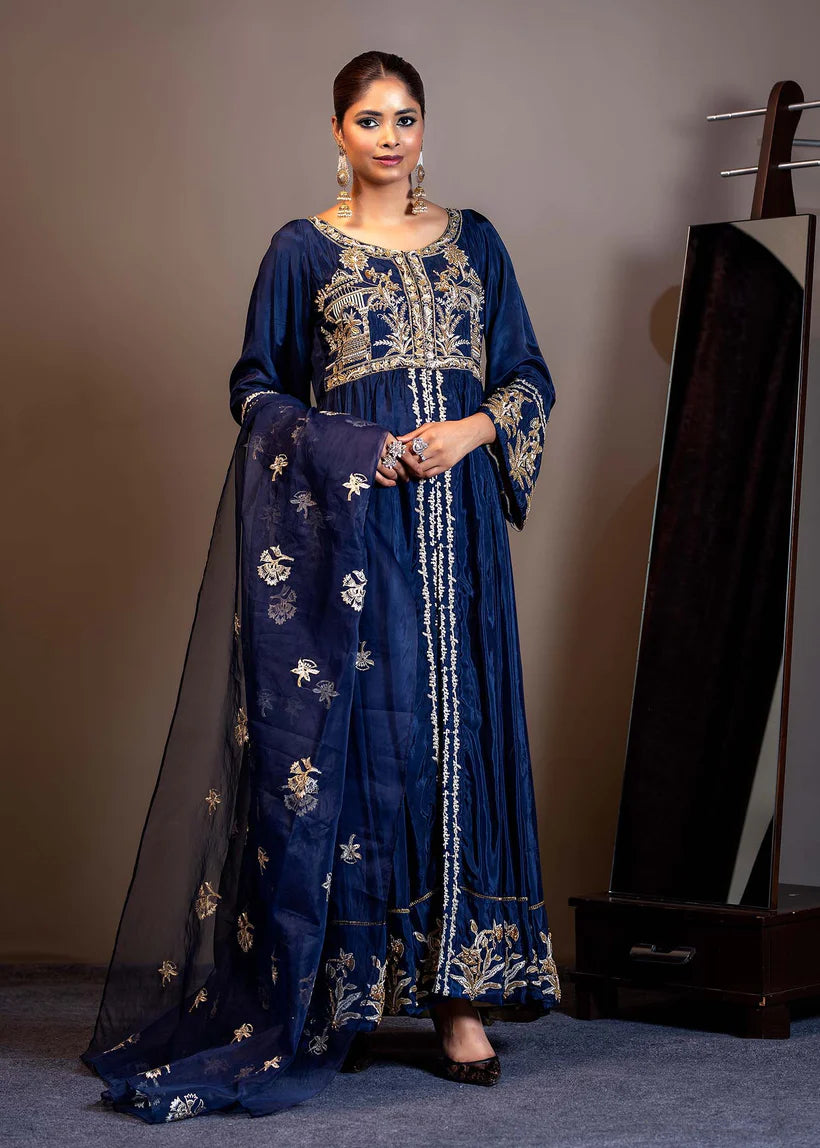 Deep Blue Embroidered Silk Pishwas (3-Piece) - Image 1