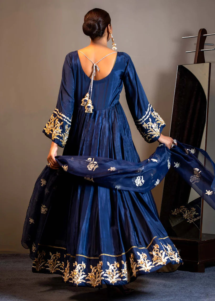 Deep Blue Embroidered Silk Pishwas (3-Piece) - Image 2