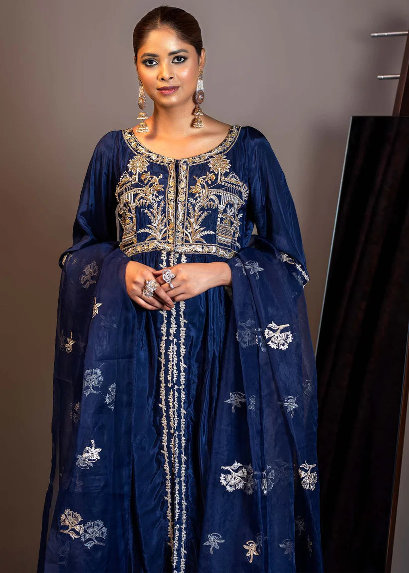 Deep Blue Embroidered Silk Pishwas (3-Piece) - Image 3