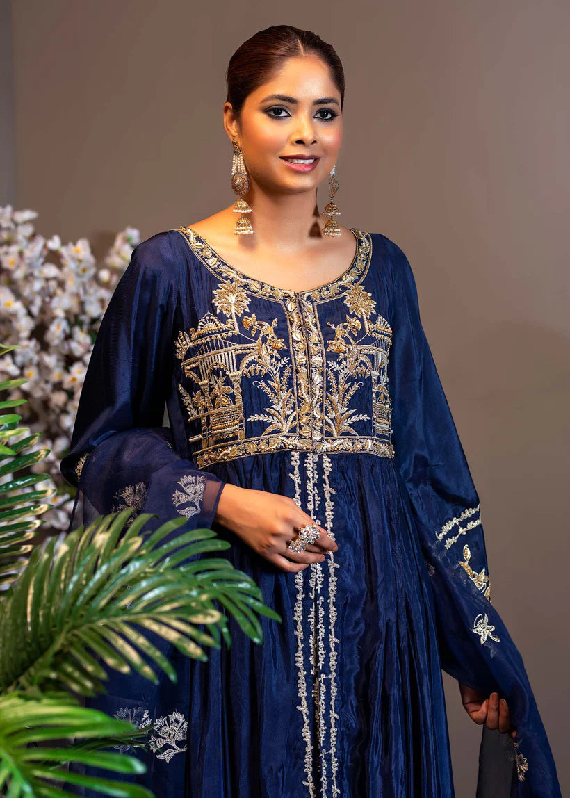 Deep Blue Embroidered Silk Pishwas (3-Piece) - Image 4