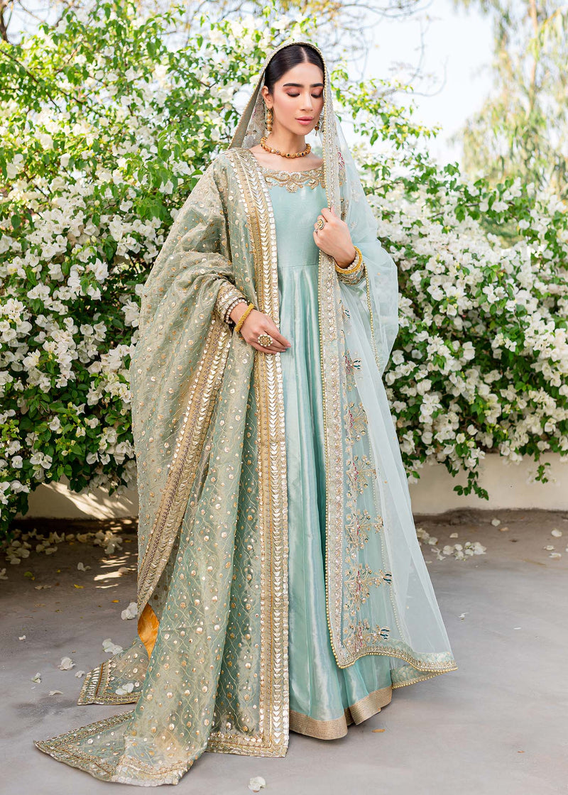 Pakistani Turquoise Embroidered Tissue Pishwas Dress (2-Piece) - Image 1