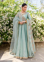 Pakistani Turquoise Embroidered Tissue Pishwas Dress (2-Piece) - Image 4