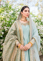Pakistani Turquoise Embroidered Tissue Pishwas Dress (2-Piece) - Image 6