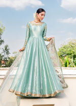Pakistani Turquoise Embroidered Tissue Pishwas Dress (2-Piece) - Image 7