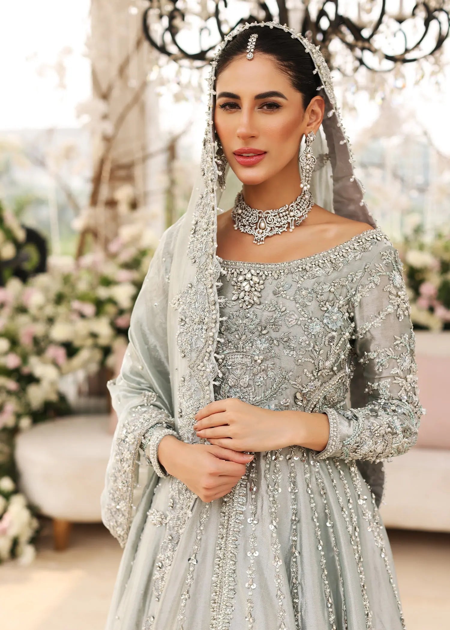 Ice Blue Embellished Tissue Pishwas Dress (3-Piece) - Image 2