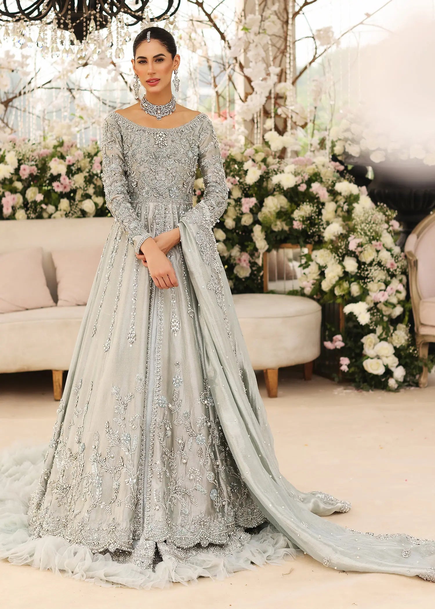 Ice Blue Embellished Tissue Pishwas Dress (3-Piece) - Image 3