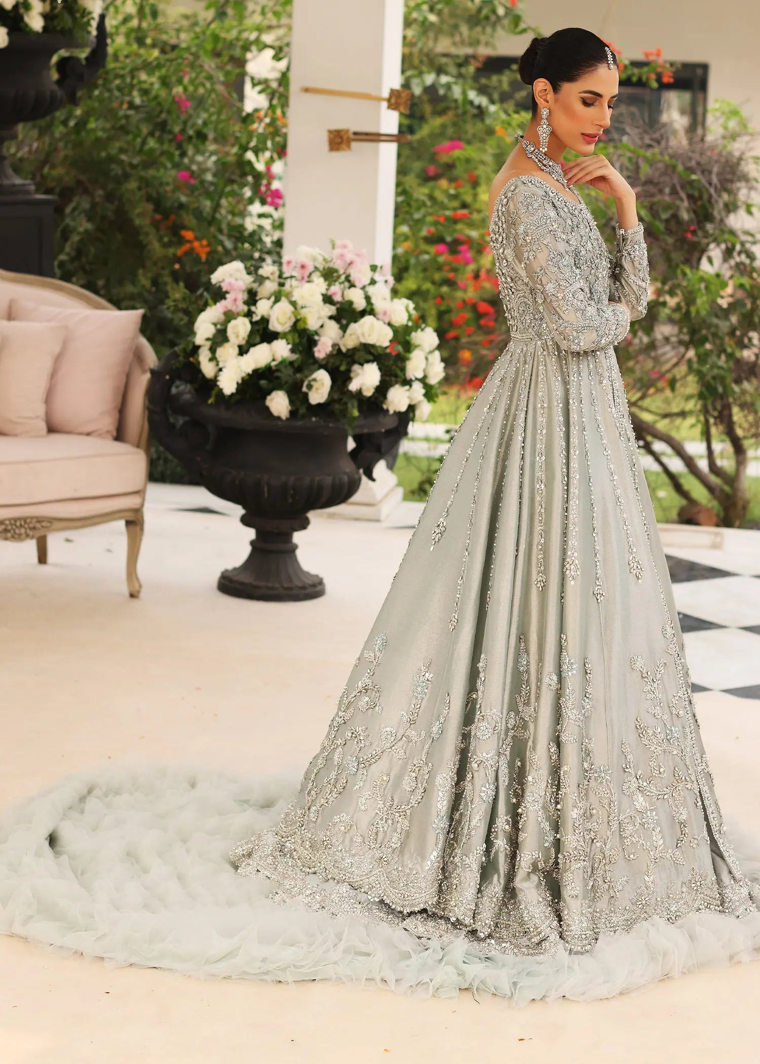 Ice Blue Embellished Tissue Pishwas Dress (3-Piece) - Image 4