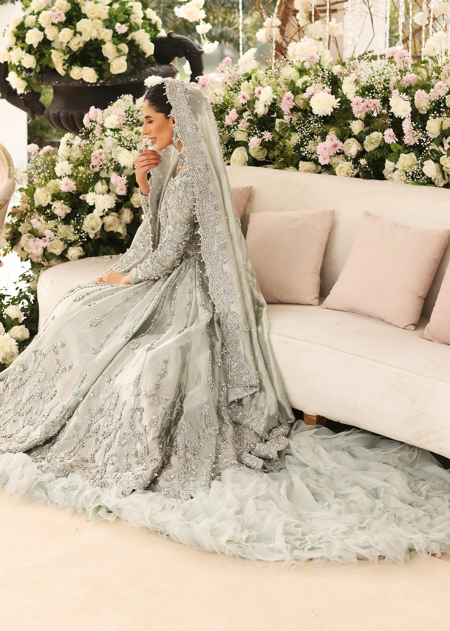 Ice Blue Embellished Tissue Pishwas Dress (3-Piece) - Image 5