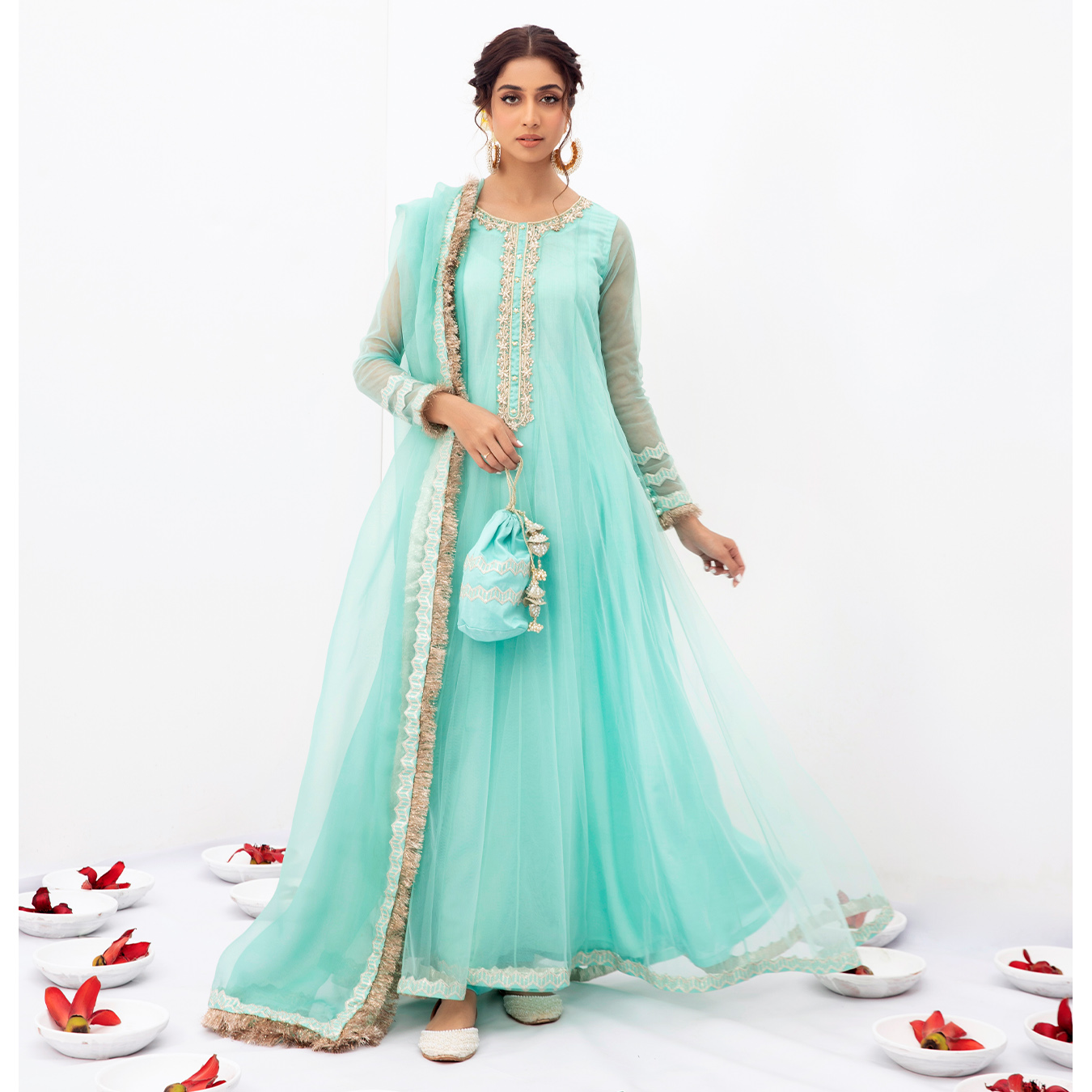 Pakistani Aqua Blue Embroidered Tulle Pishwas Dress (3-Piece) - Image 1