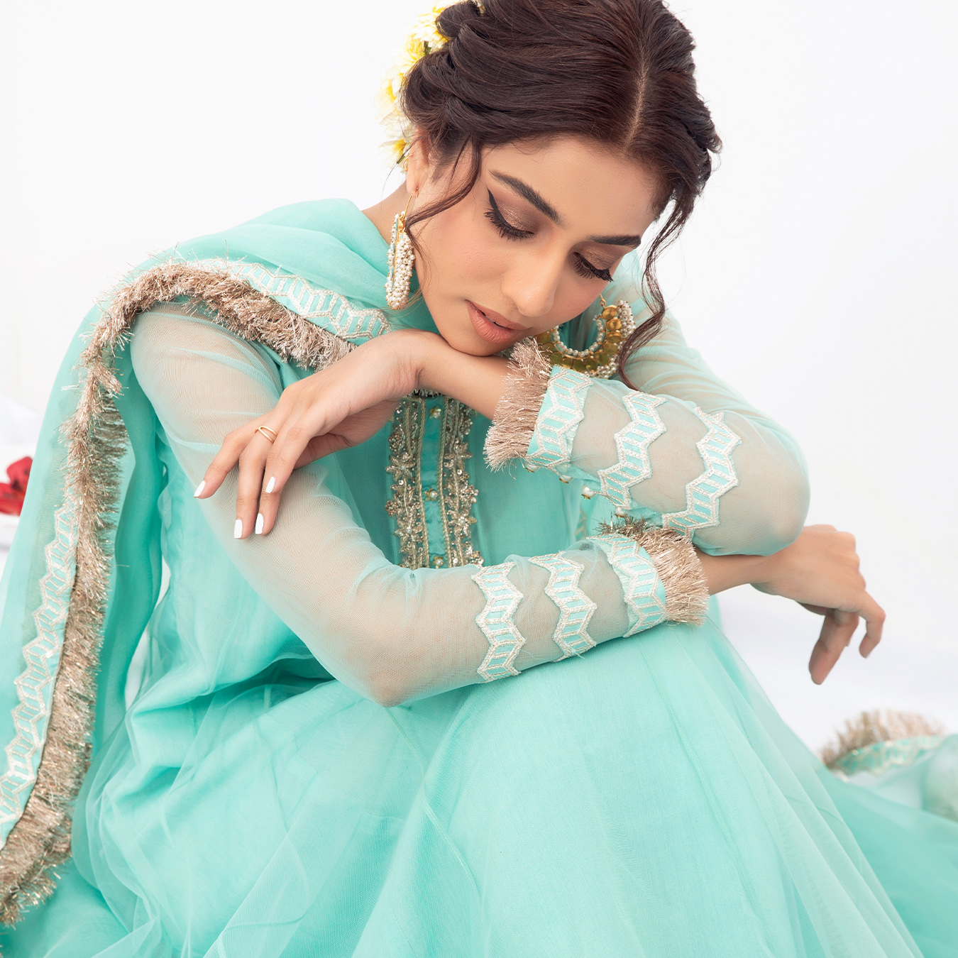 Pakistani Aqua Blue Embroidered Tulle Pishwas Dress (3-Piece) - Image 2