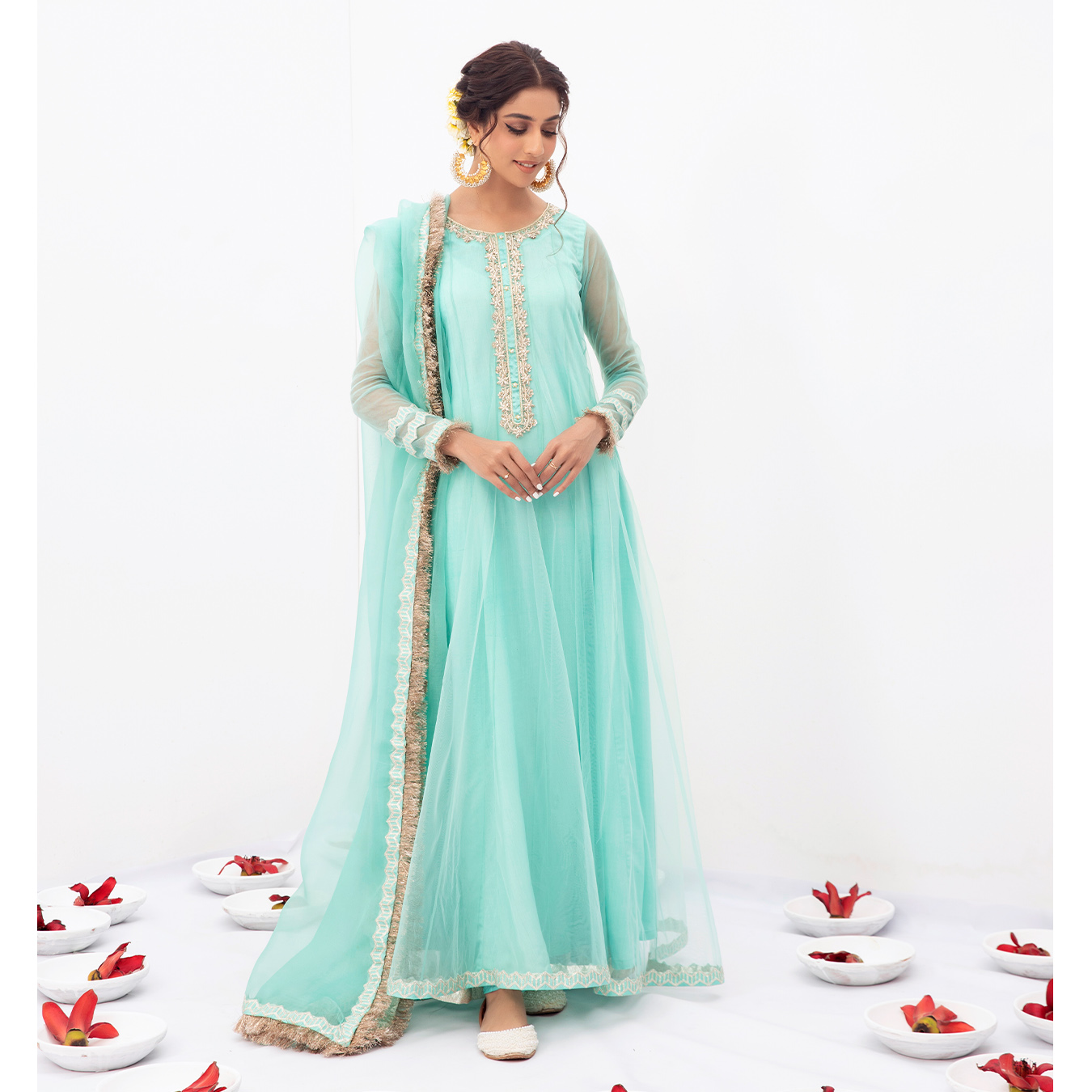 Pakistani Aqua Blue Embroidered Tulle Pishwas Dress (3-Piece) - Image 3