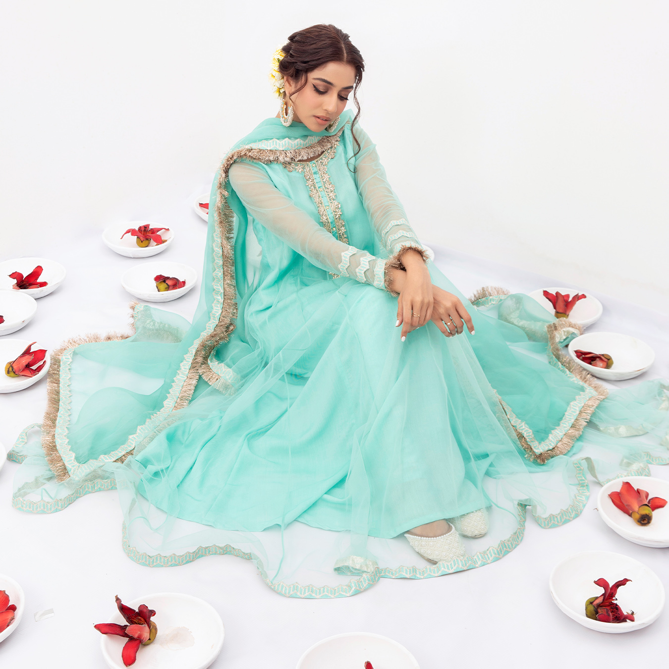 Pakistani Aqua Blue Embroidered Tulle Pishwas Dress (3-Piece) - Image 4
