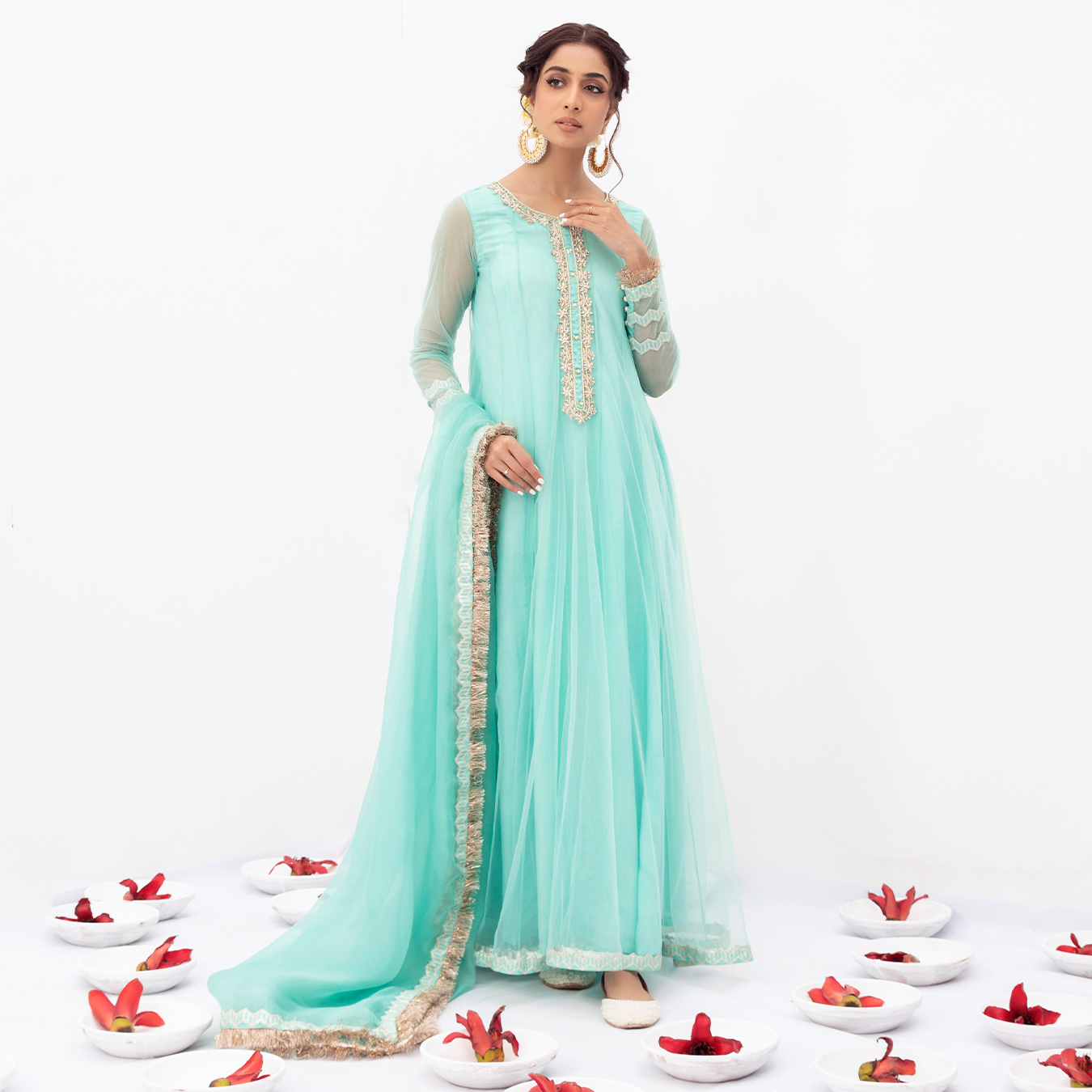 Pakistani Aqua Blue Embroidered Tulle Pishwas Dress (3-Piece) - Image 5