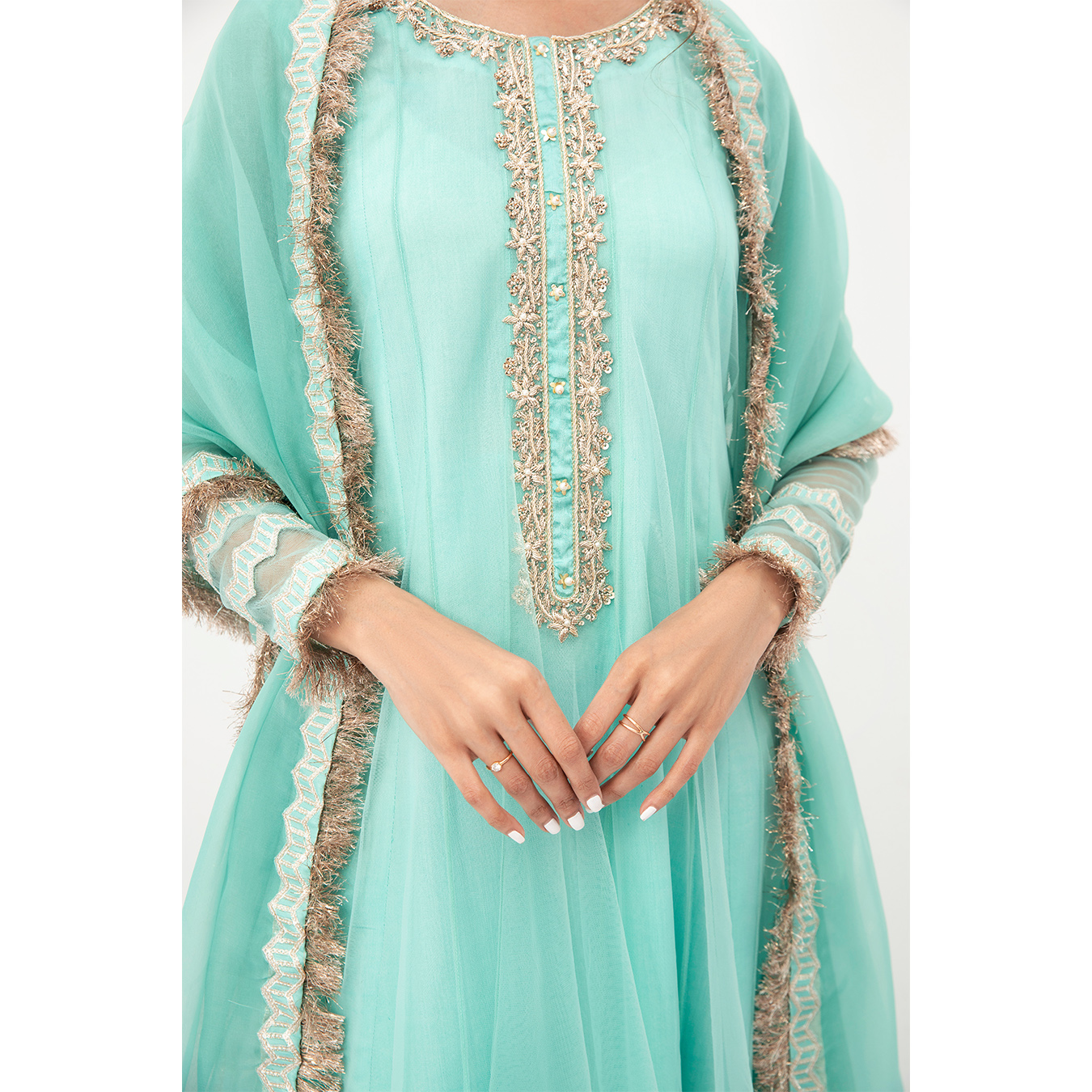Pakistani Aqua Blue Embroidered Tulle Pishwas Dress (3-Piece) - Image 6