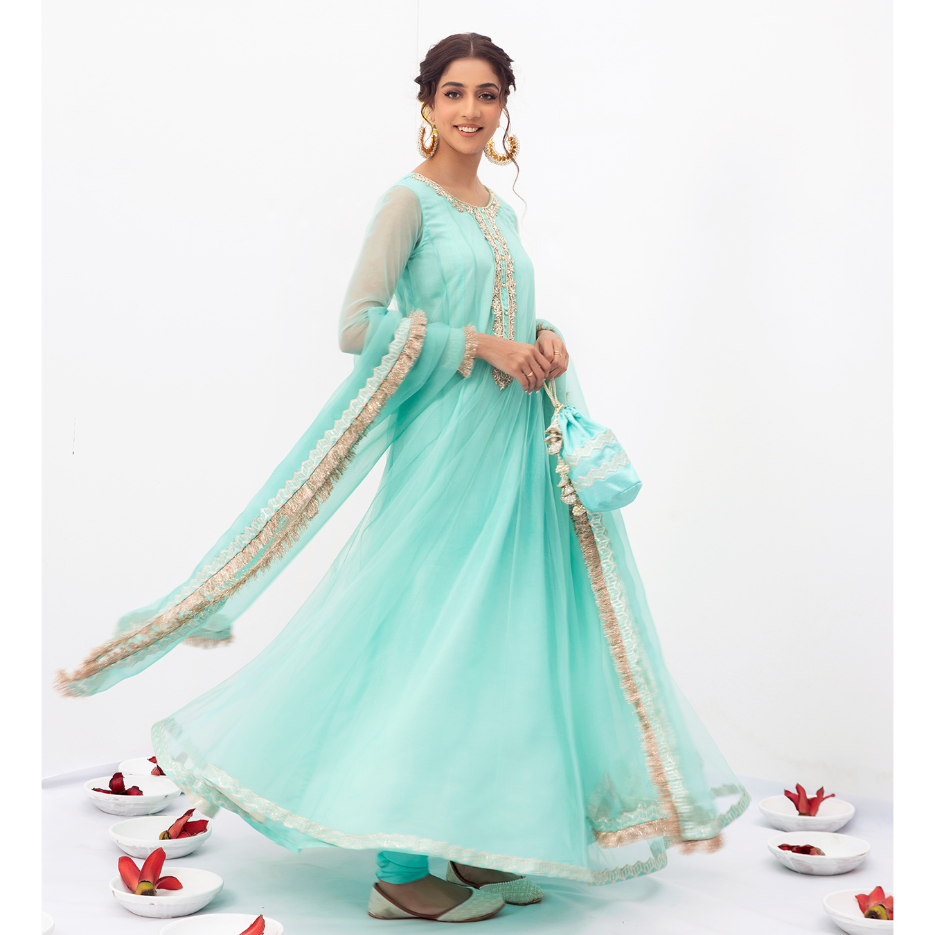 Pakistani Aqua Blue Embroidered Tulle Pishwas Dress (3-Piece) - Image 8
