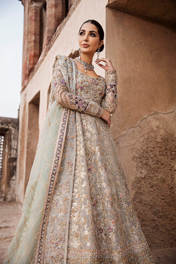 Sky Blue Embroidered Zari Net Pishwas Dress (3-Piece) - Image 4