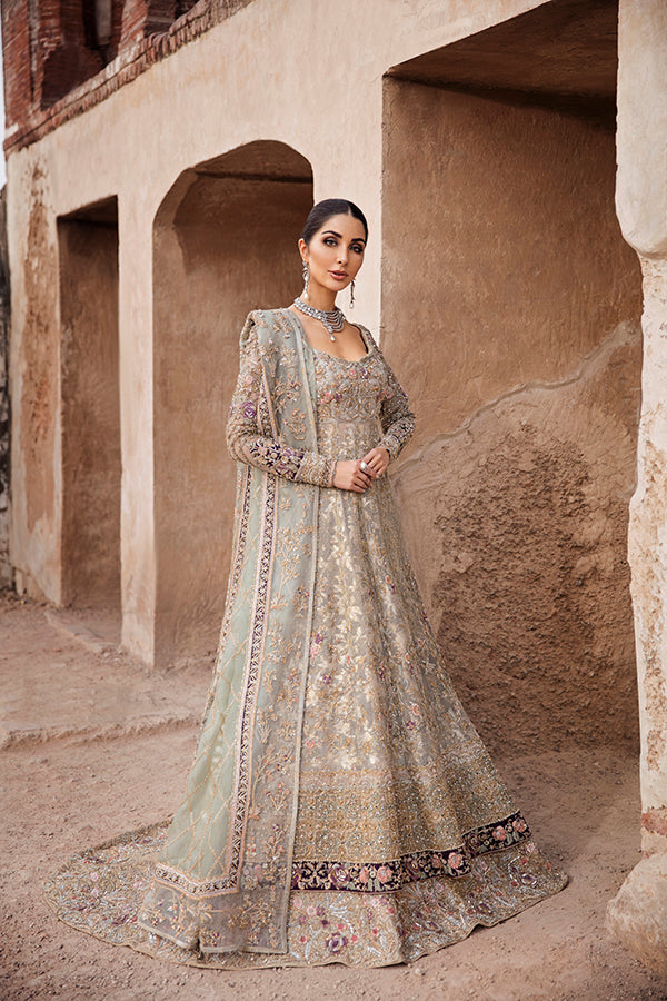 Sky Blue Embroidered Zari Net Pishwas Dress (3-Piece) - Image 5