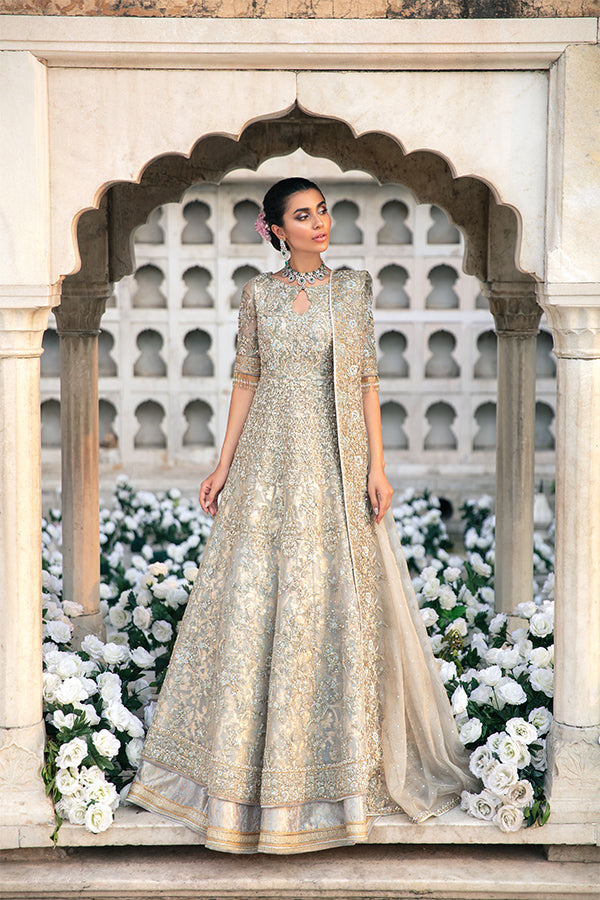 Pakistani Powder Blue Embellished Zari Net Pishwas (3-Piece) - Image 1