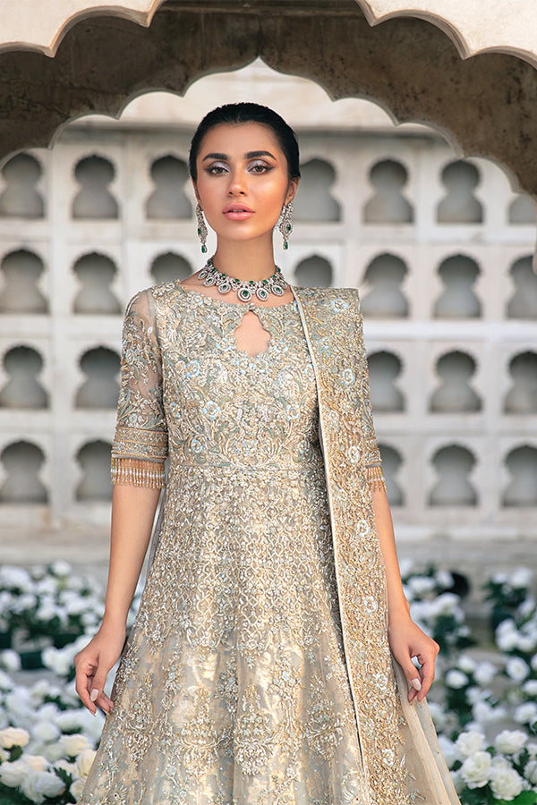 Pakistani Powder Blue Embellished Zari Net Pishwas (3-Piece) - Image 2