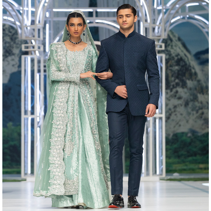 Pakistani Sea Blue Embellished Zari Tissue Pishwas (4-Piece) - Image 1