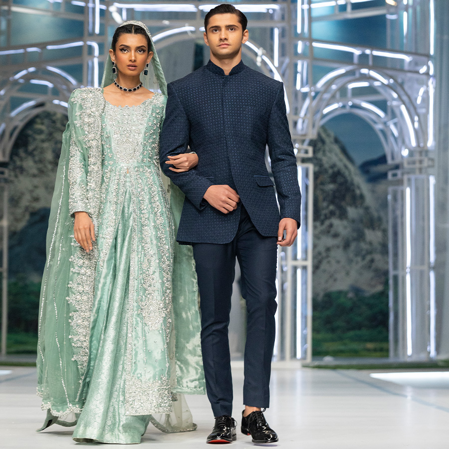 Pakistani Sea Blue Embellished Zari Tissue Pishwas (4-Piece) - Image 2