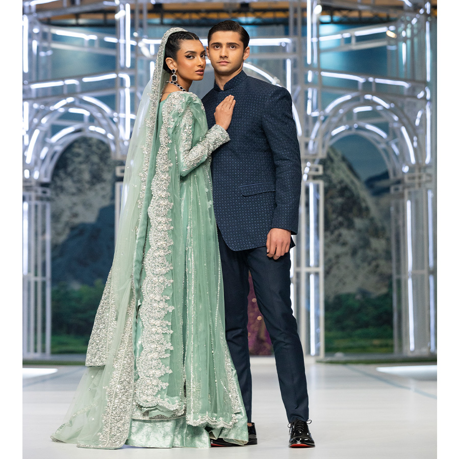 Pakistani Sea Blue Embellished Zari Tissue Pishwas (4-Piece) - Image 3