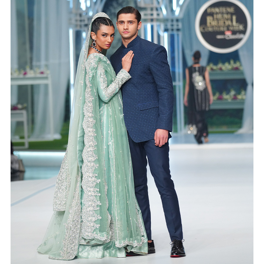 Pakistani Sea Blue Embellished Zari Tissue Pishwas (4-Piece) - Image 4