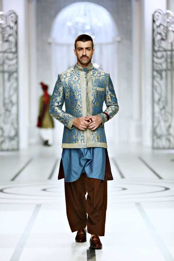 Cerulean Blue Brocade Prince Jacket (3-Piece) - Image 1